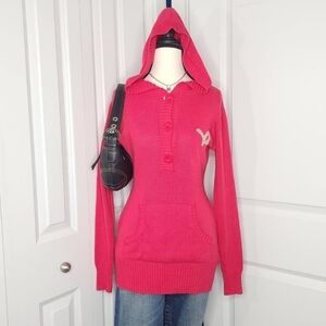 Y2K Rocawear Embroidered Hot Pink Henley Knit Cardigan Hoodie
